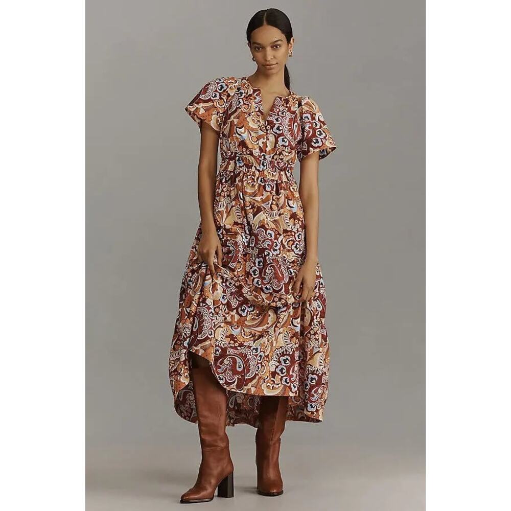 NWT Anthropologie The Somerset Maxi Dress Puff-Sleeve Edition $168 SMALL Bronze